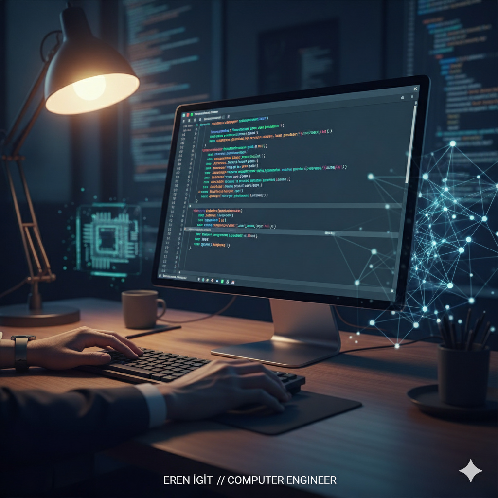 Developer workspace with code editor and tech setup